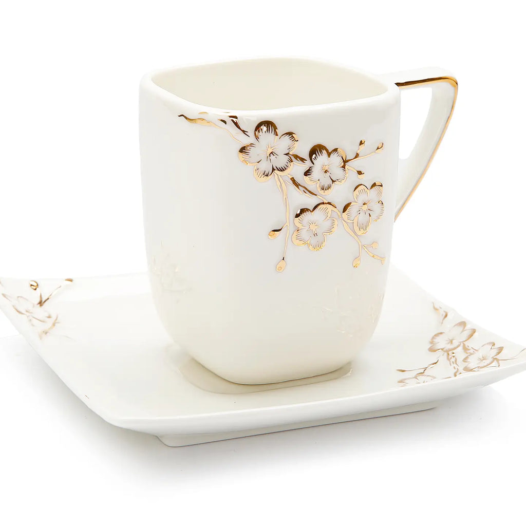 White Square Soucer and Mug with Gold Floral Artwork Design