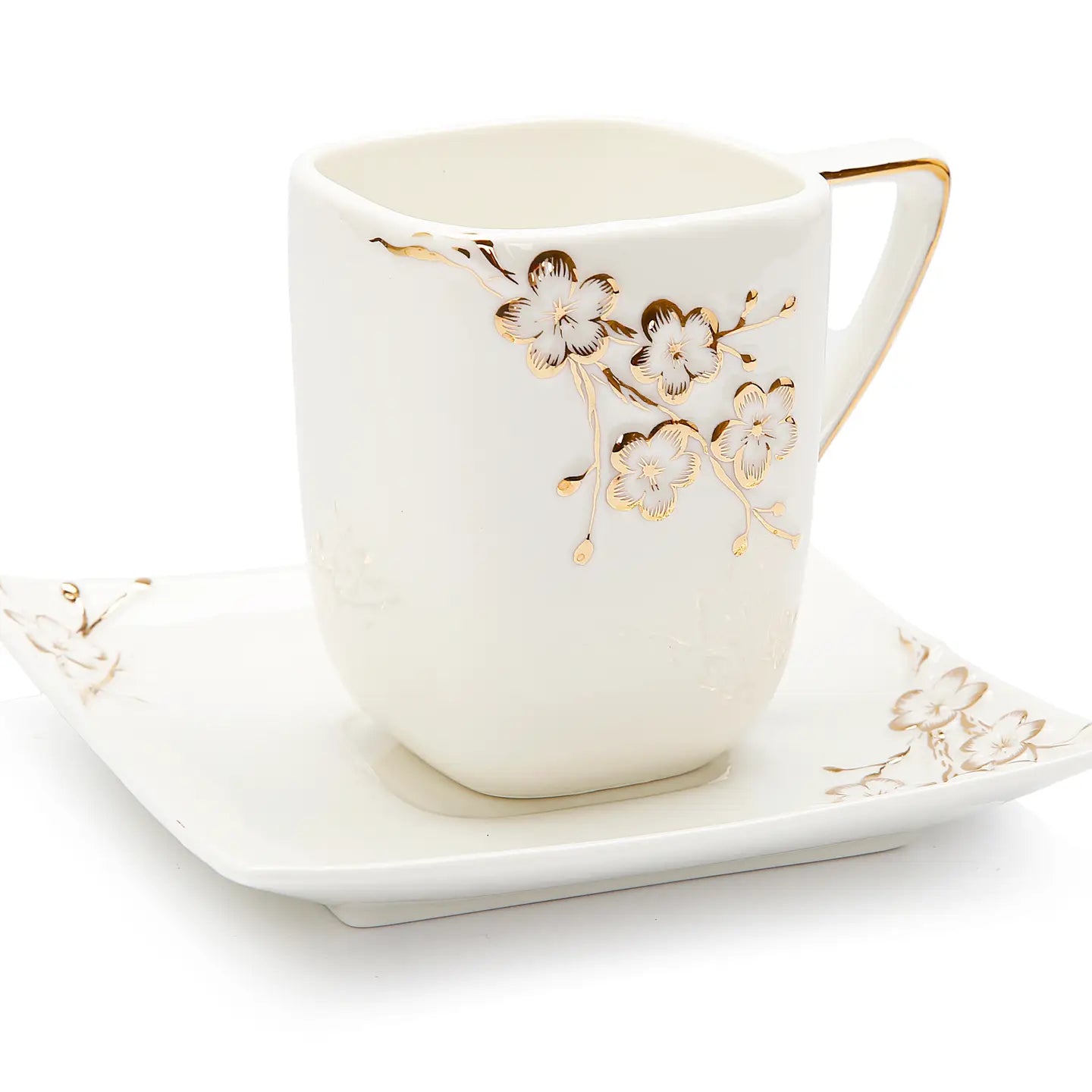 White Square Soucer and Mug with Gold Floral Artwork Design