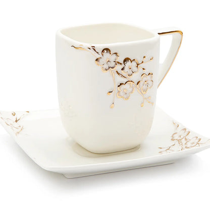 White Square Tray and Mug with Gold Floral Artwork Design