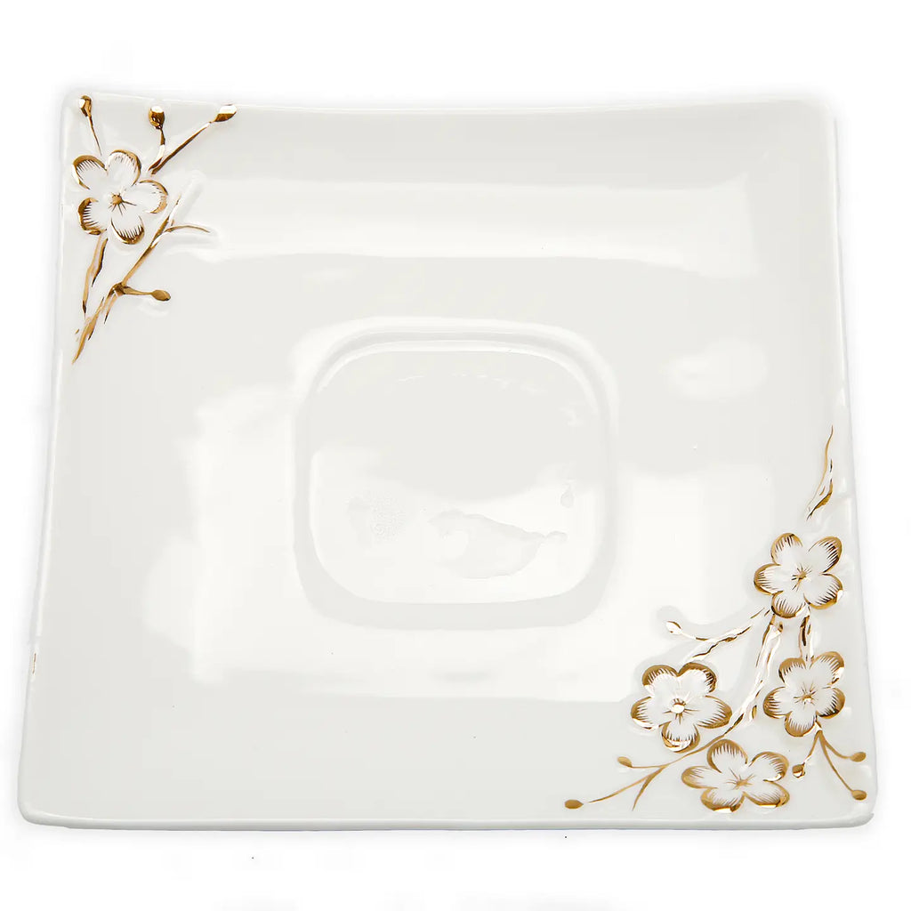 White Square Soucer and Mug with Gold Floral Artwork Design