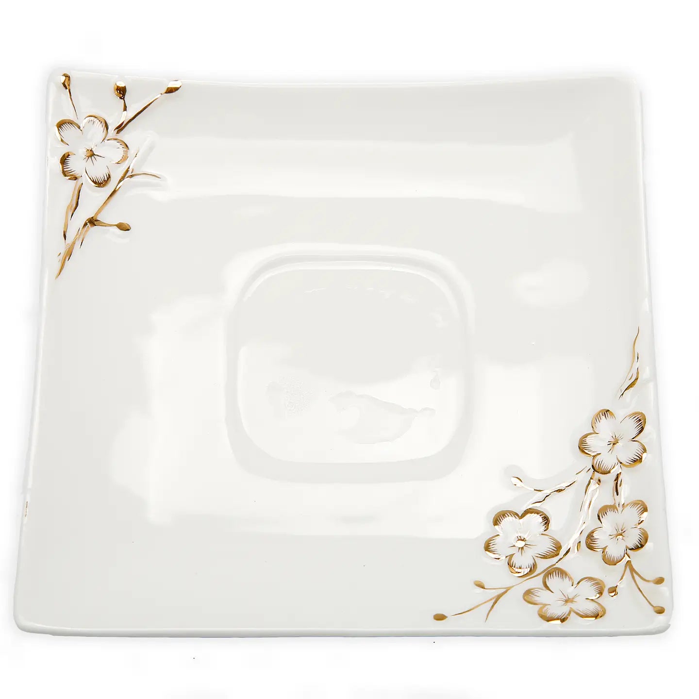 White Square Soucer and Mug with Gold Floral Artwork Design