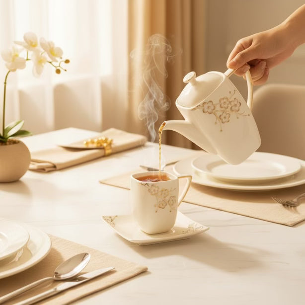 White Square Soucer and Mug with Gold Floral Artwork Design