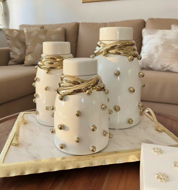 White Ceramic Jar with Gold Elegant Detail and Studded