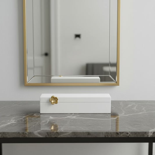 White Wood Decorative Box with Gold Flower Detail