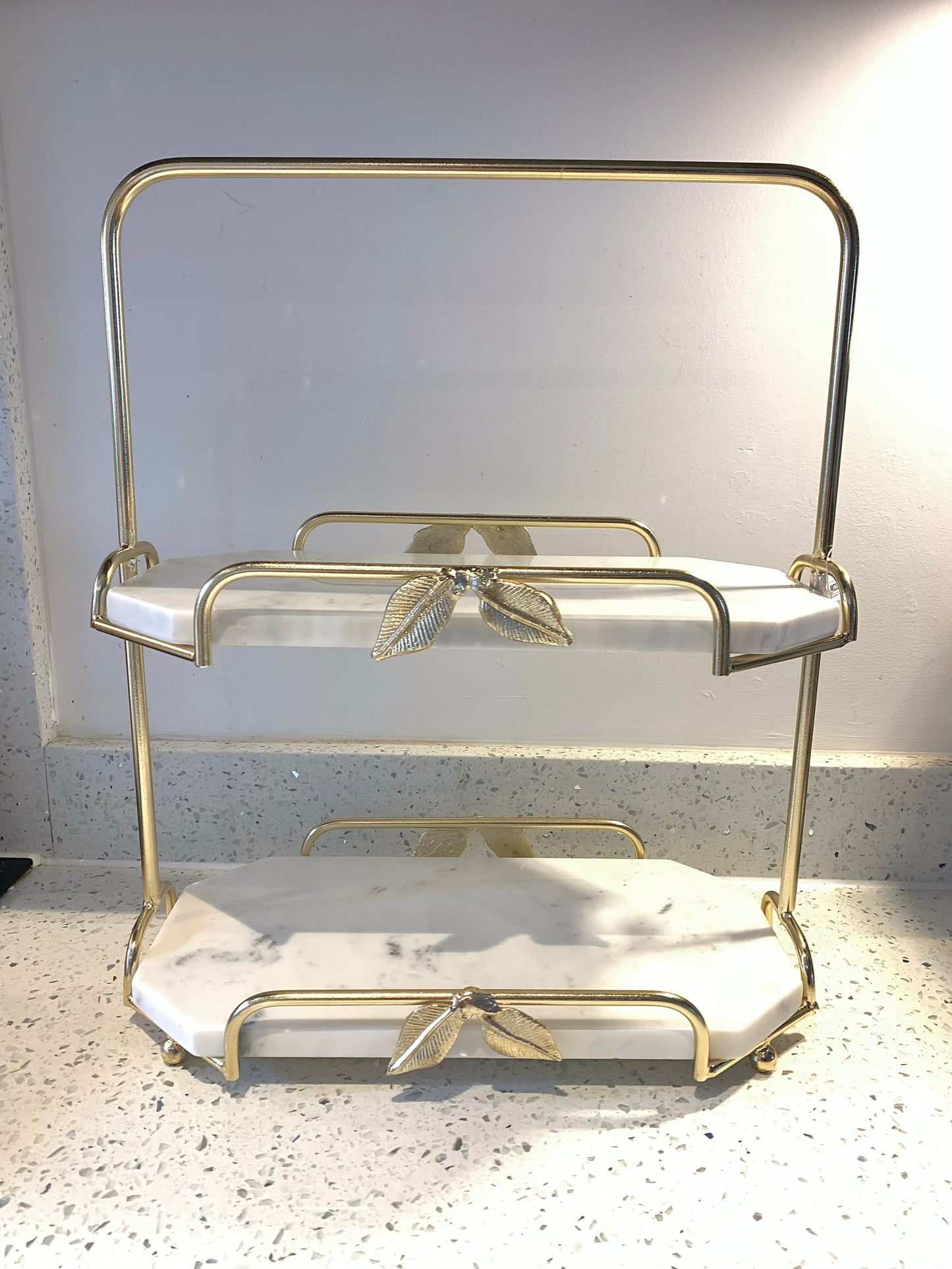 Two-Tier Marble and Gold Cake Stand Tray Leaf Design