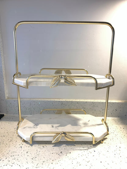 Two-Tier Marble and Gold Cake Stand Tray Leaf Design