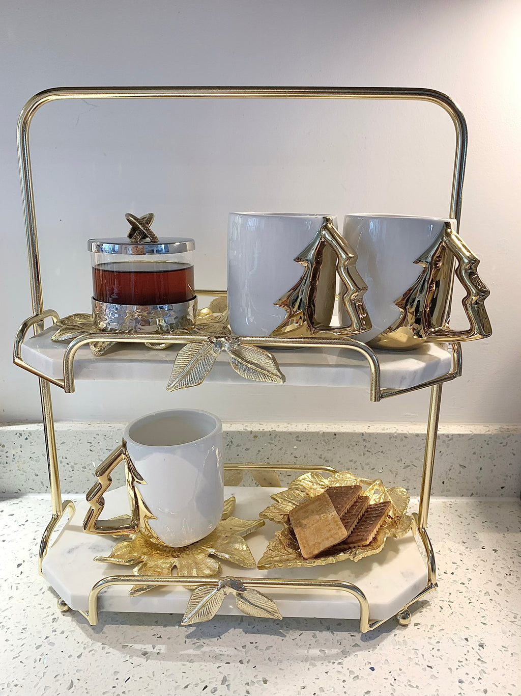 Gold leaf marble two tier cake stand | High Class Touch UK