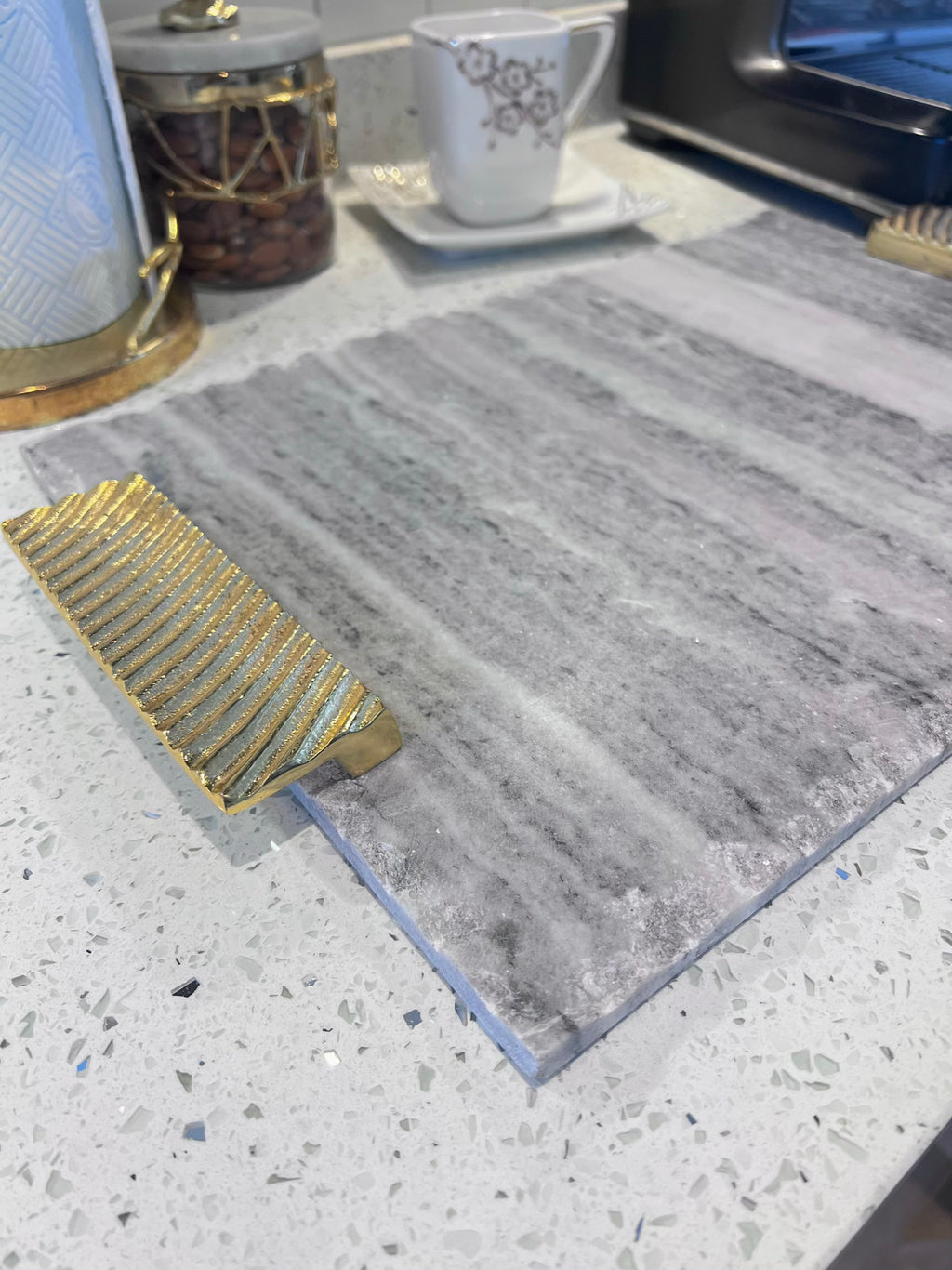 Grey marble tray gold chiseled edge | Elegant table accessory UK