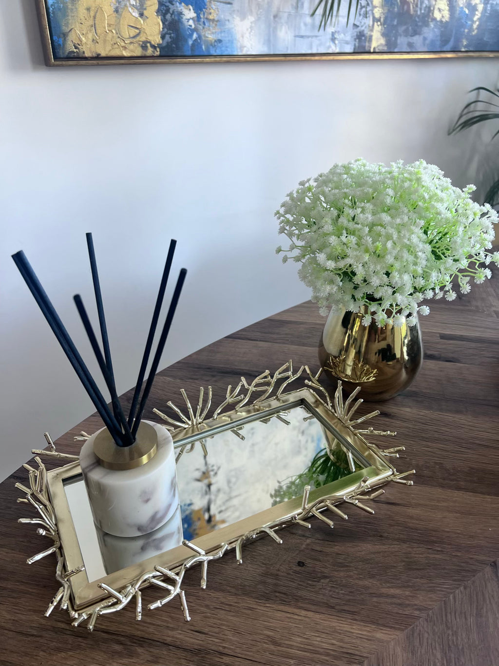 Gold rectangular mirror tray with spikes design | Luxury decorative tray UK