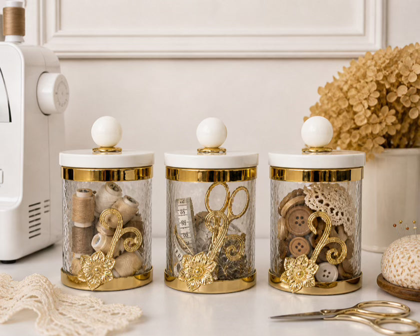 Glass Canister with Gold Design and Marble Lid