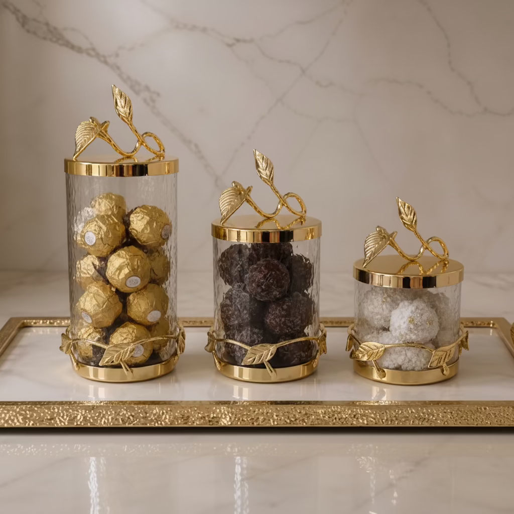 Gold leaf glass canister set of 3 sizes | Luxury kitchen accessories UK