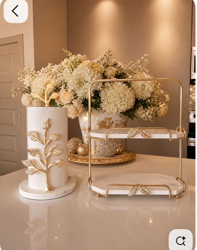 Two-Tier Marble and Gold Cake Stand Tray Leaf Design