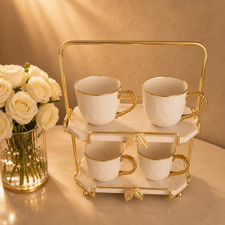 Two-Tier Marble and Gold Cake Stand Tray Leaf Design