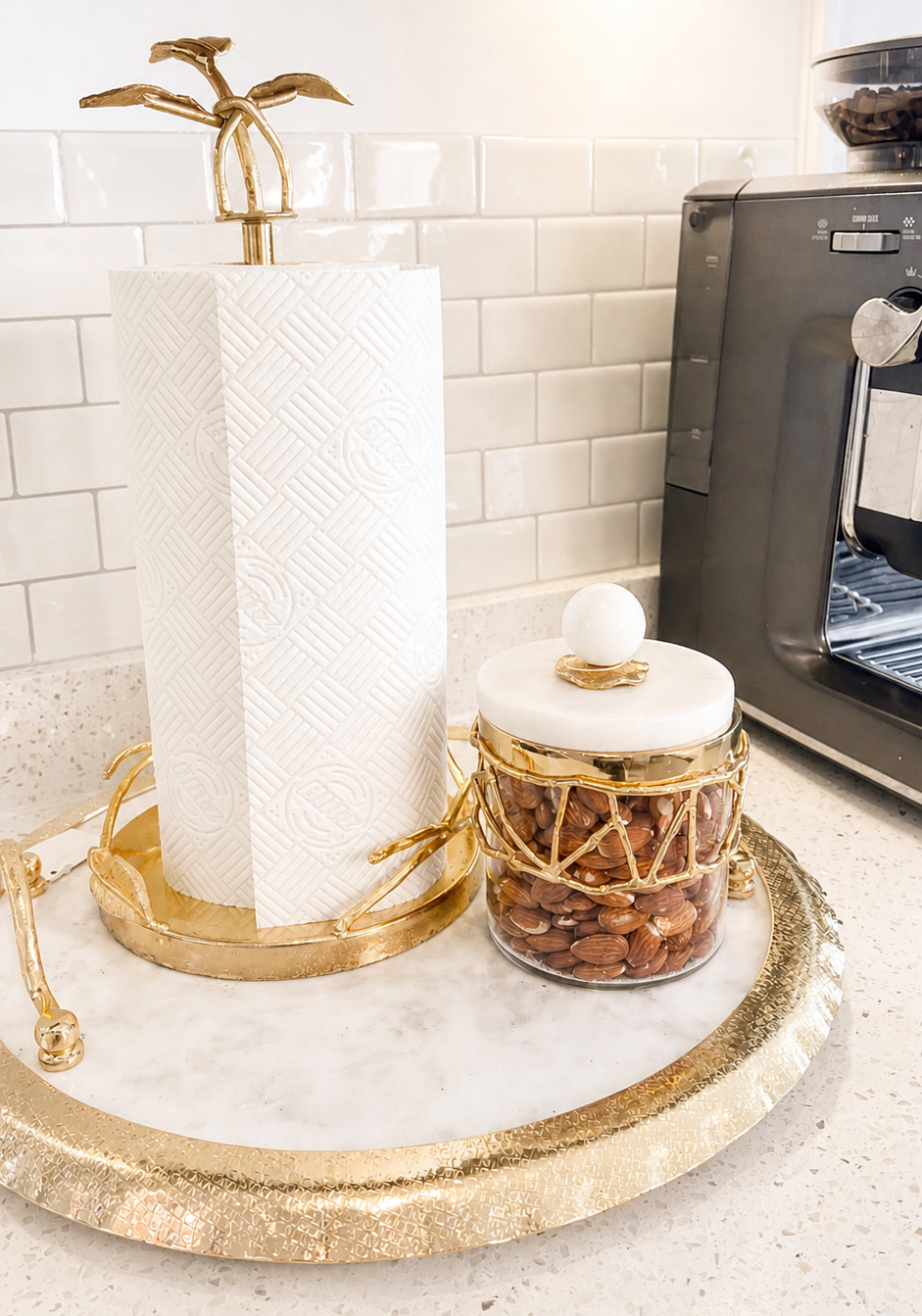 Stainless steel paper towel holder with gold leaf design | Kitchen roll holder UK