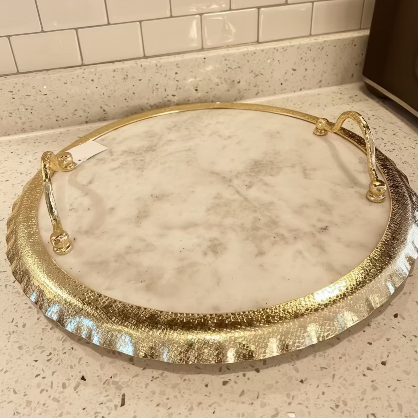 Round Marble Tray with Ruffle Gold Edge and handles