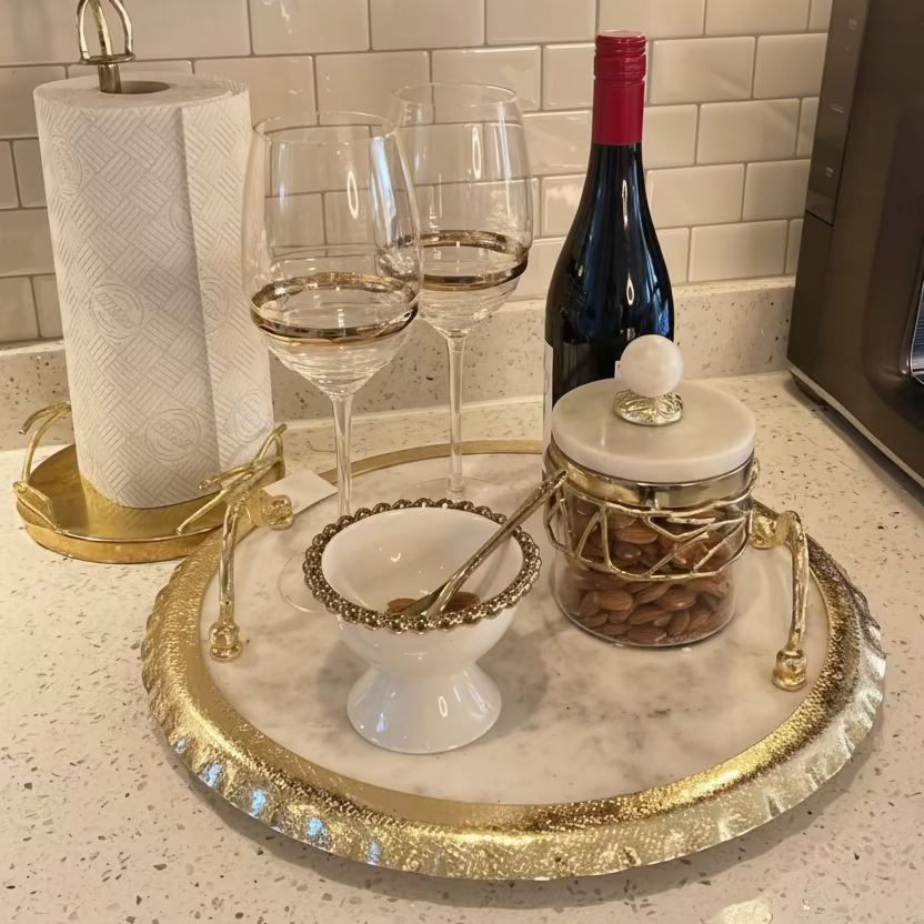Round Marble Tray with Ruffle Gold Edge and handles