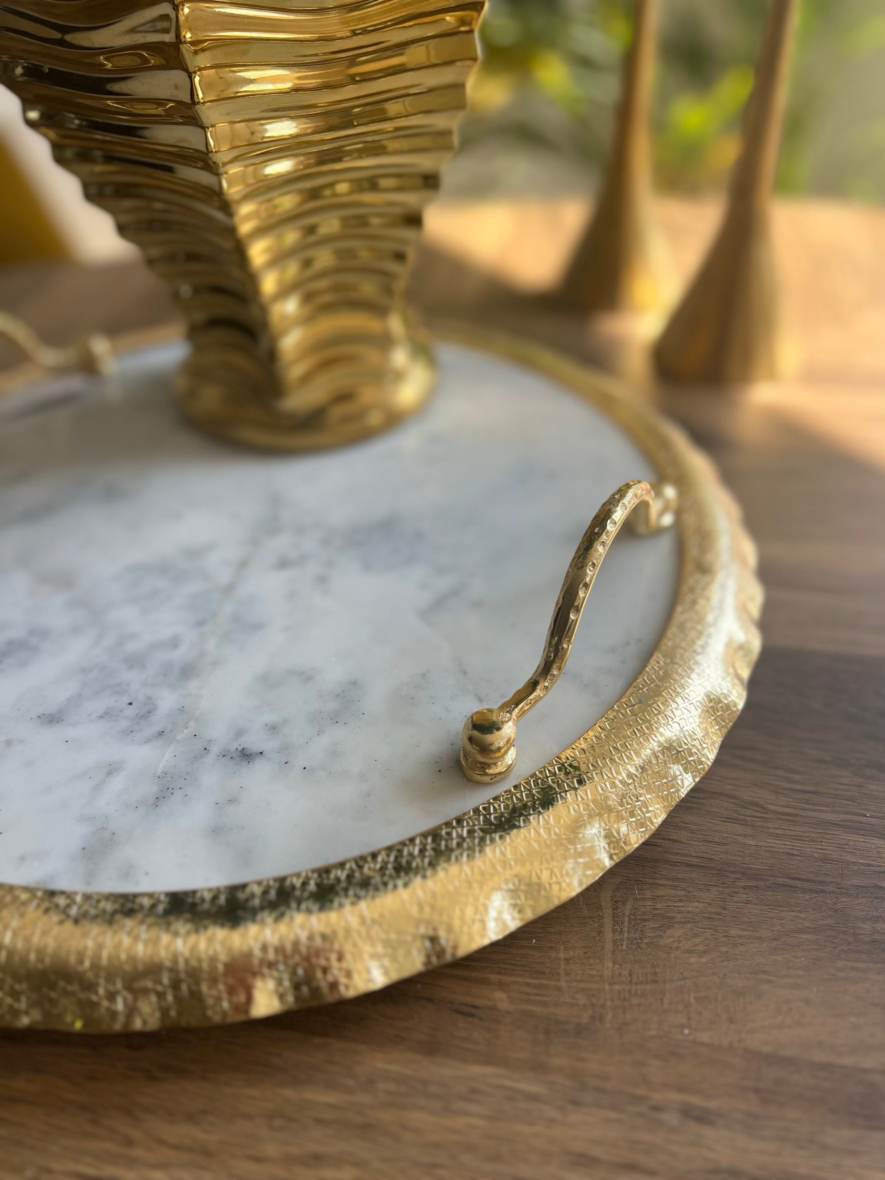 Round Marble Tray with Ruffle Gold Edge and handles