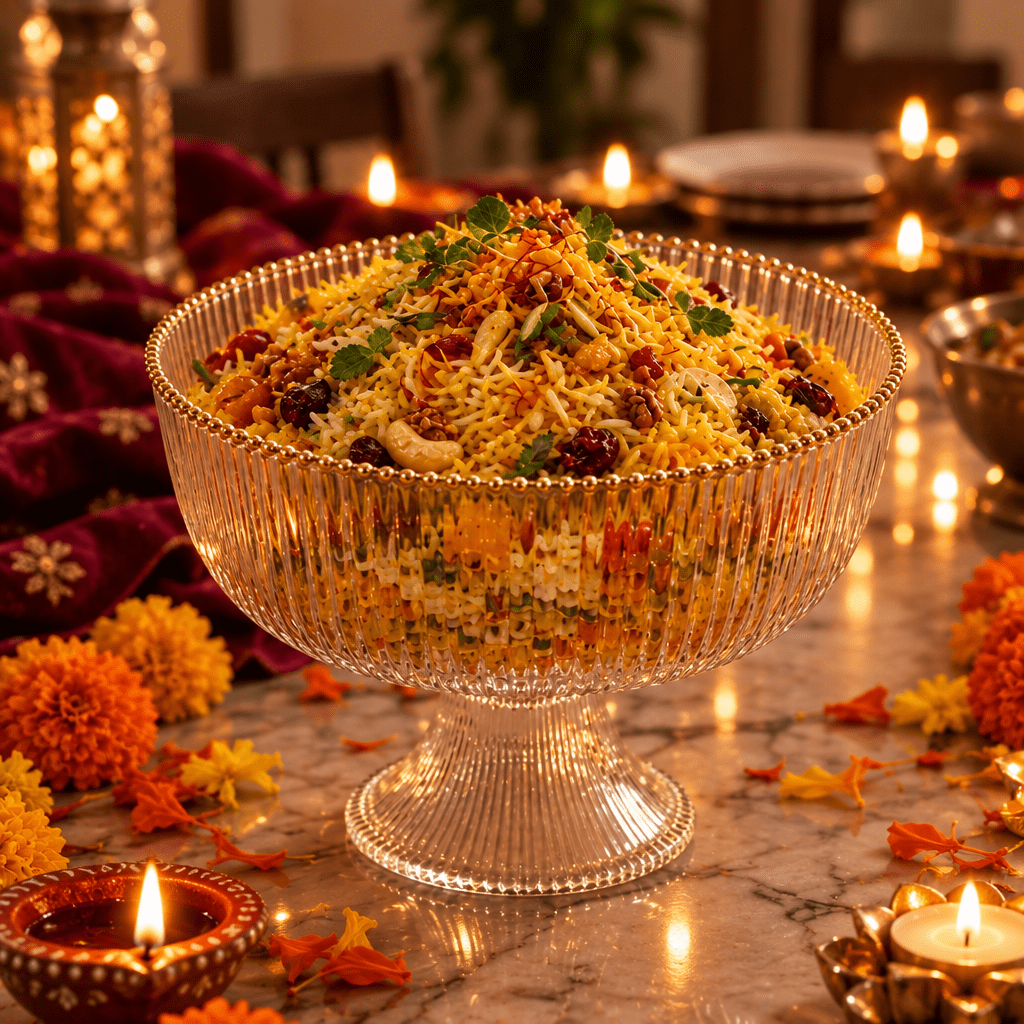 Gold beaded Ribbed Glass Footed Salad Bowl - High Class Touch