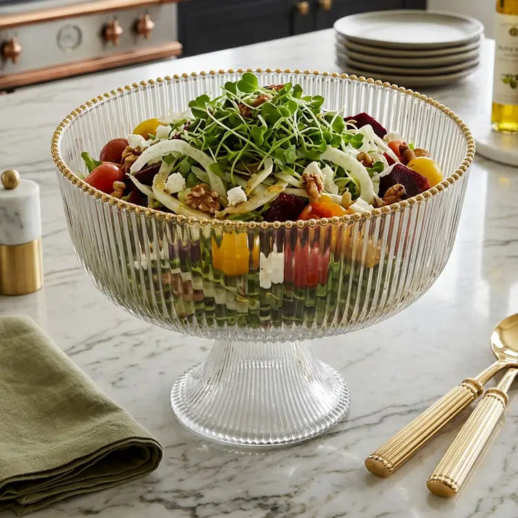 Gold beaded Ribbed Glass Footed Salad Bowl