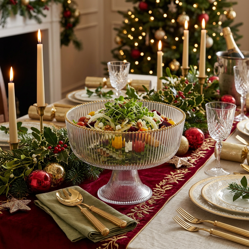 Gold beaded Ribbed Glass Footed Salad Bowl