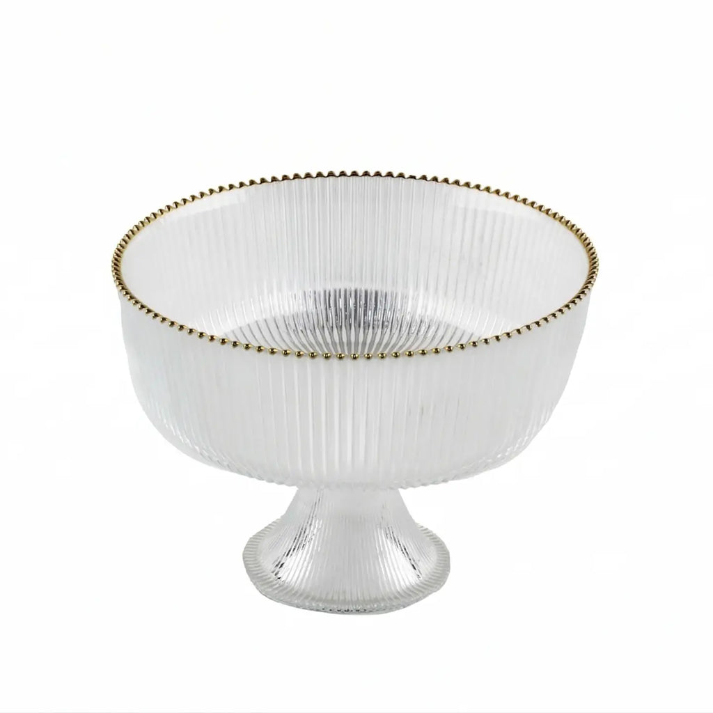 Gold beaded Ribbed Glass Footed Salad Bowl
