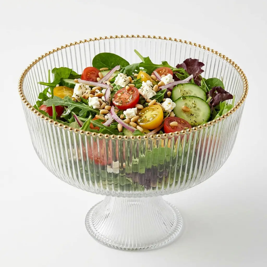 Gold beaded Ribbed Glass Footed Salad Bowl