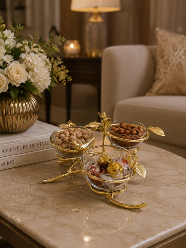 Triple Snack Bowl Dish With Glass Inserts and Gold Leaf Design