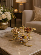 Triple Snack Bowl Dish With Glass Inserts and Gold Leaf Design