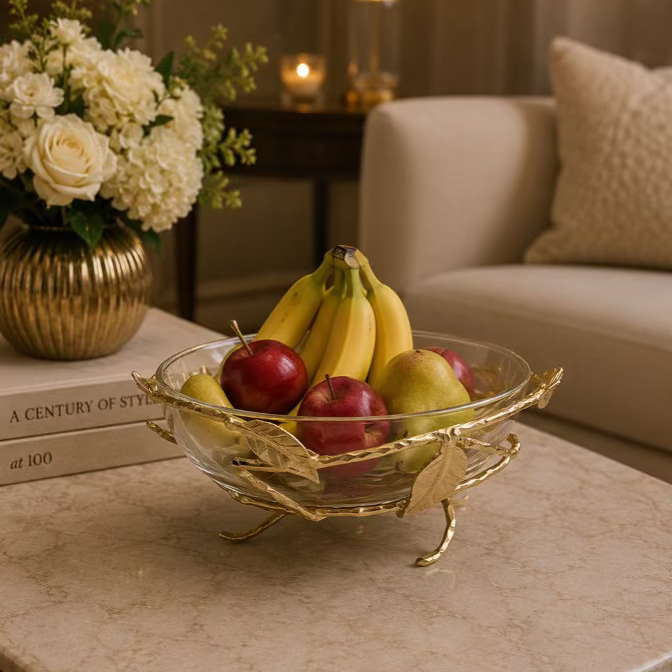 Glass Fruit Gold Bowl On Stainless Leaf base 12.5”D