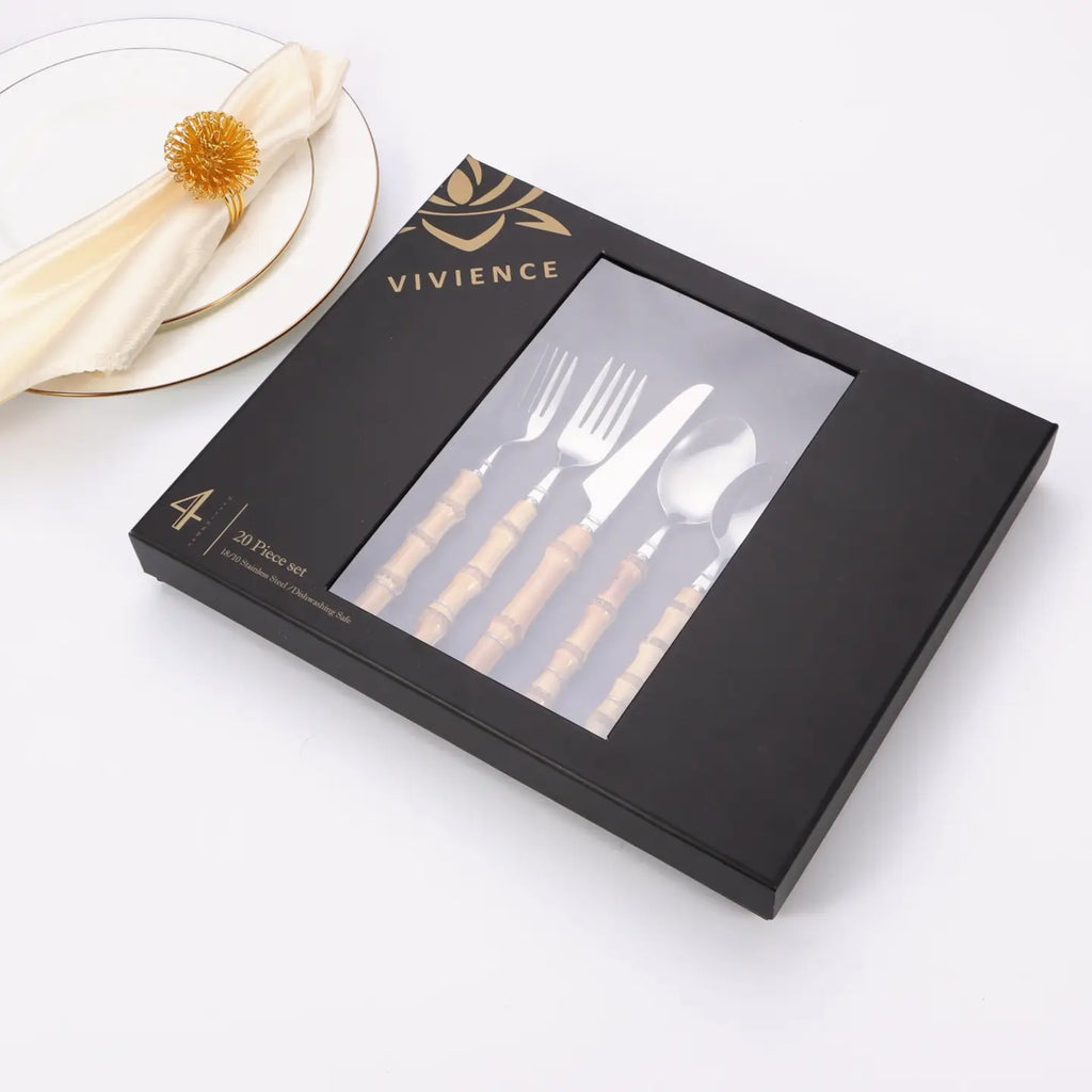 20 Pc Flatware Set - Silver - with Bamboo Handle