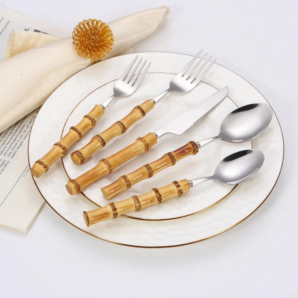 20 Pc Flatware Set - Silver - with Bamboo Handle