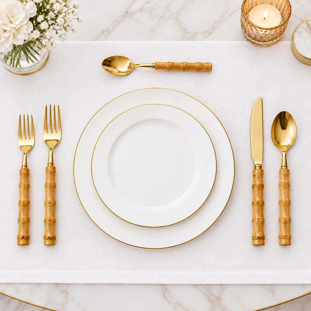 20 Pc Flatware Set - Silver - with Bamboo Handle