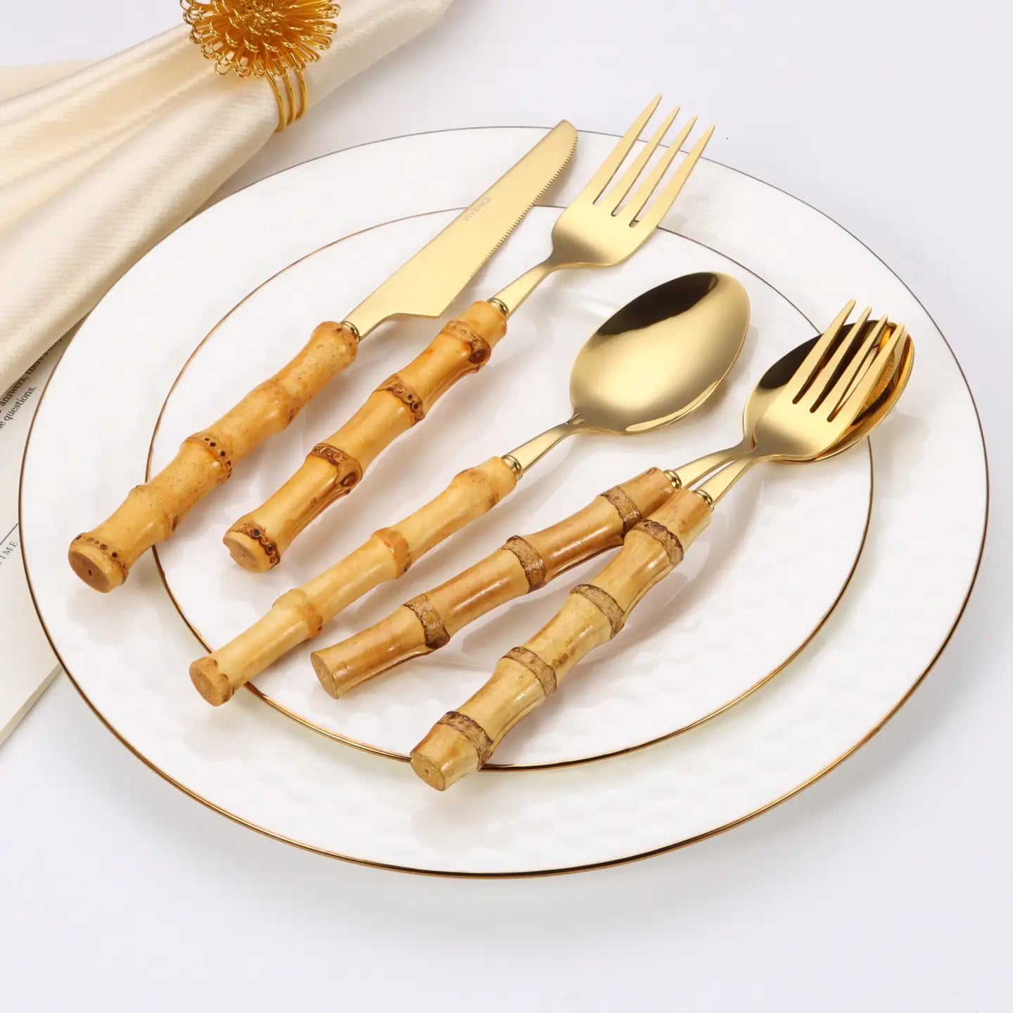 20 Pc Flatware Set - Silver - with Bamboo Handle