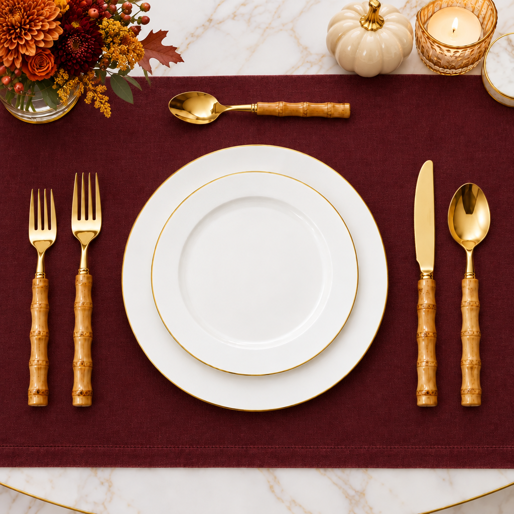 20 Pc Flatware Set - Silver - with Bamboo Handle
