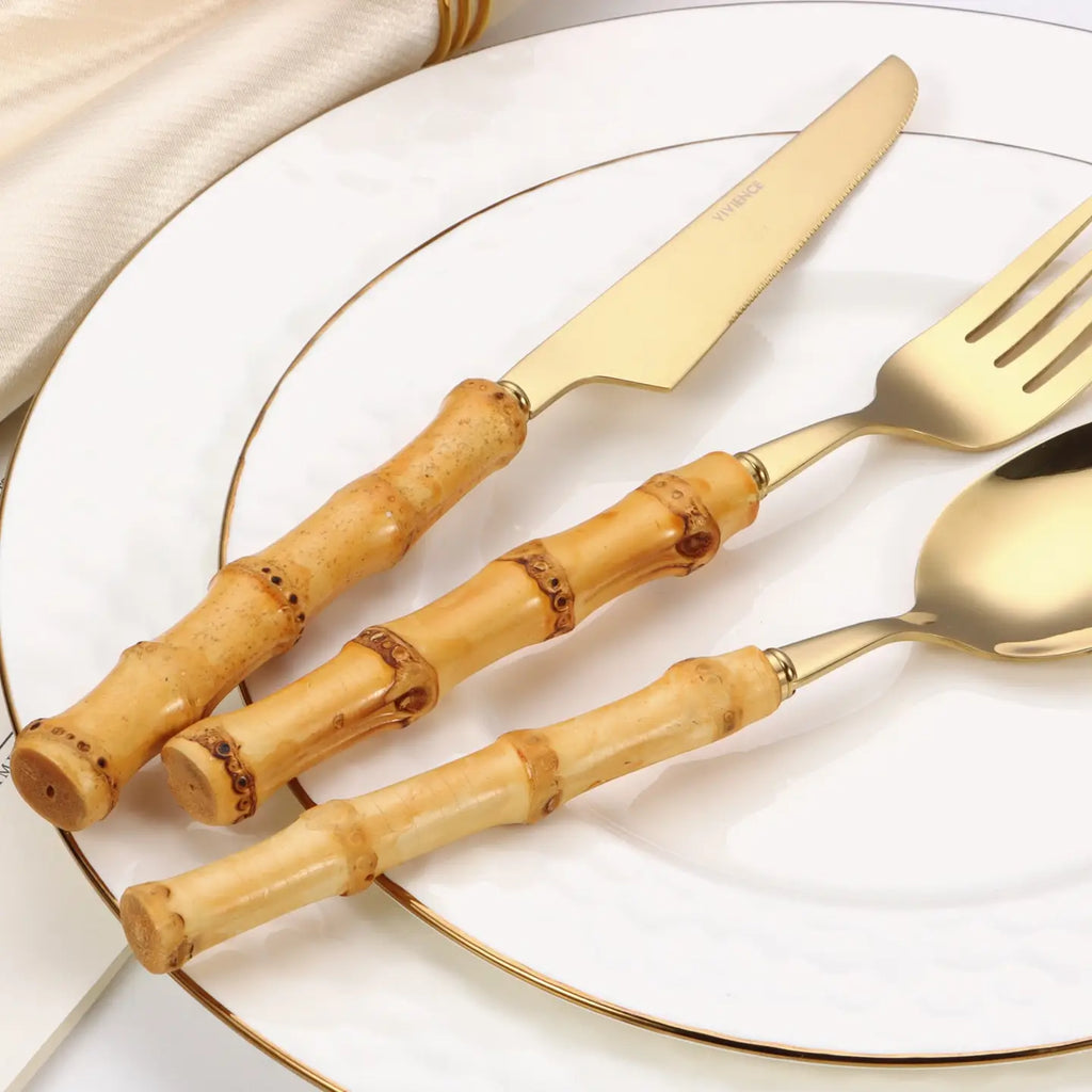 20 Pc Flatware Set - Silver - with Bamboo Handle