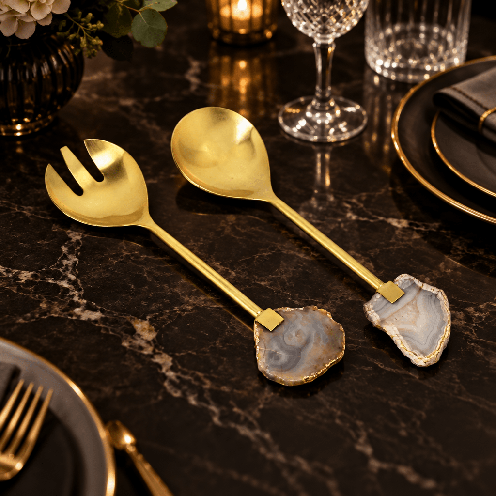 Gold Salad Servers with Agate Stone - High Class Touch