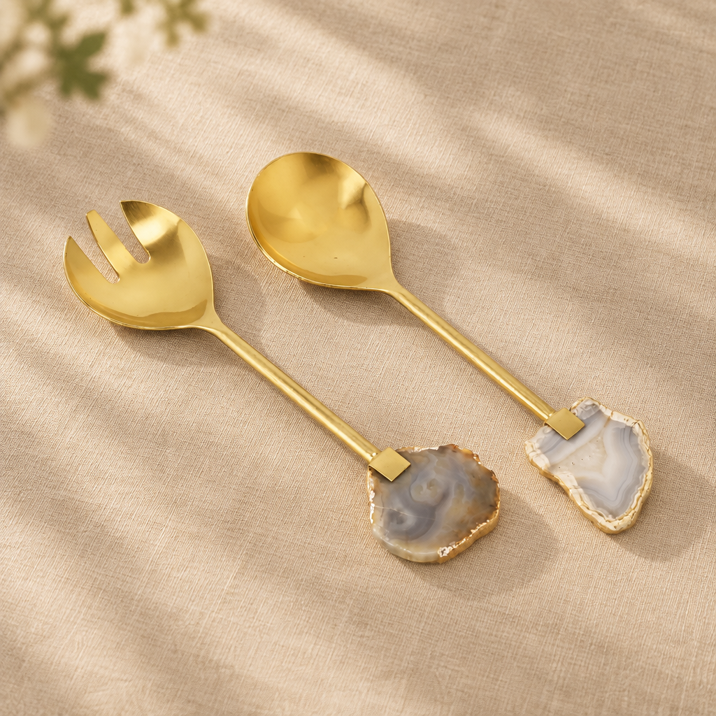 Gold Salad Servers with Agate Stone