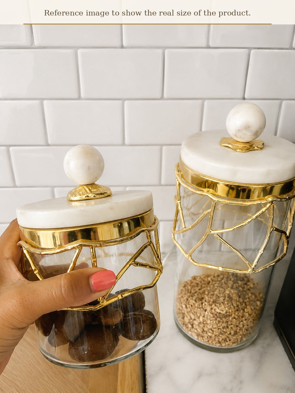 Glass Canister with Gold Design and Marble Lid