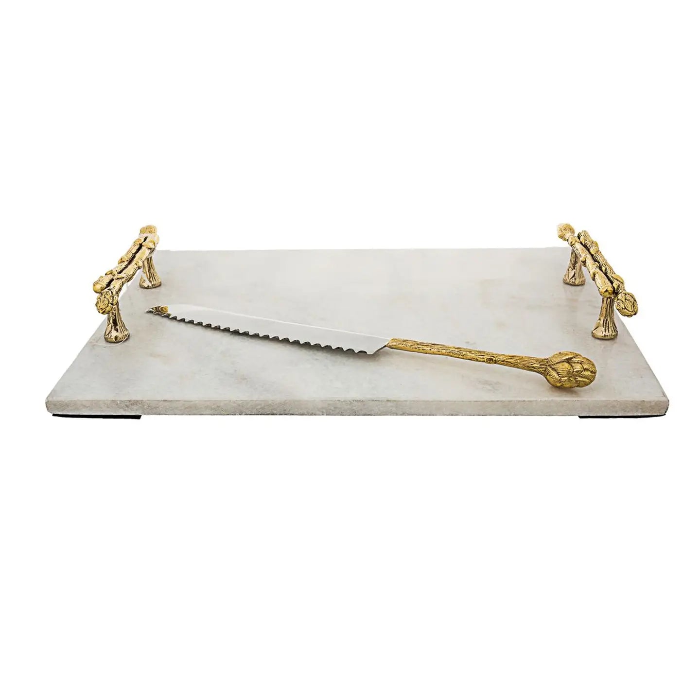 White Marble Tray - Gold Asparagus Handles