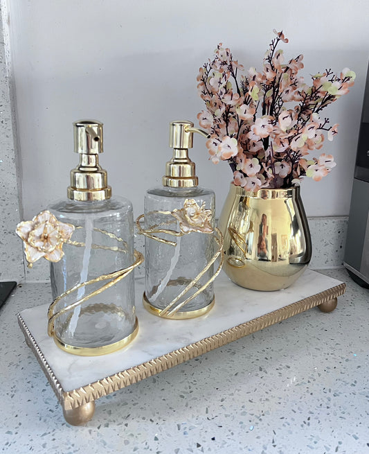 Glass Soap & Lotions dispenser with gold metal flower detail