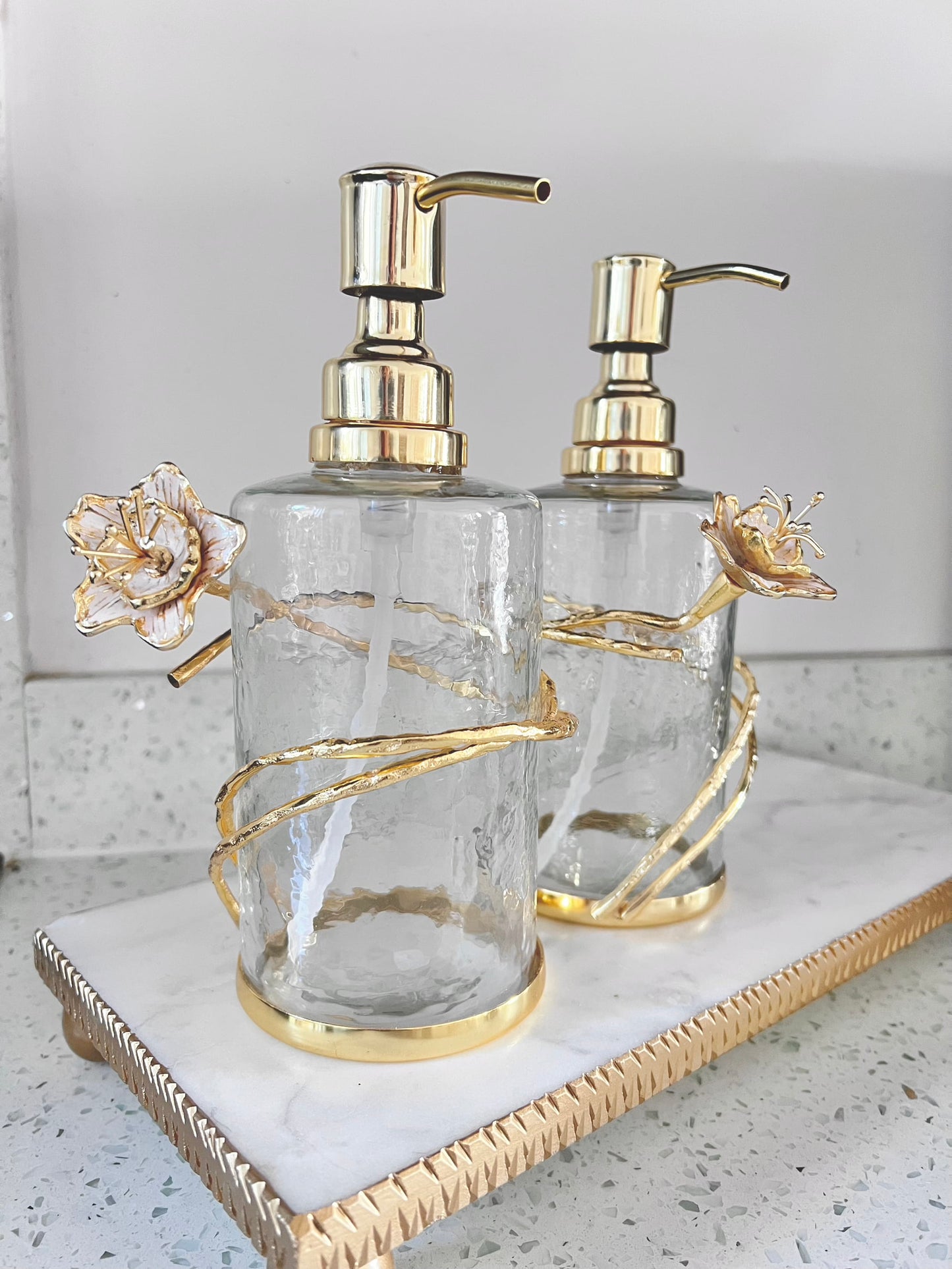 Glass Soap & Lotions dispenser with gold metal flower detail