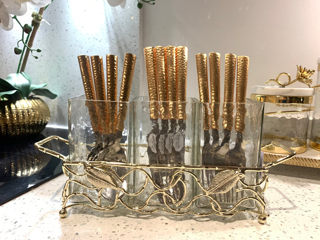 Gold Leaf Cutlery Holder With Hammered Glass Inserts-High Class Touch