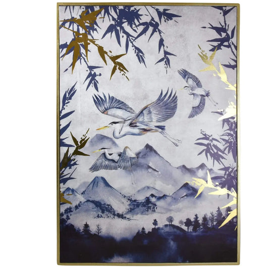 Oriental Heron Design Canvas Print with Gold Wooden Frame