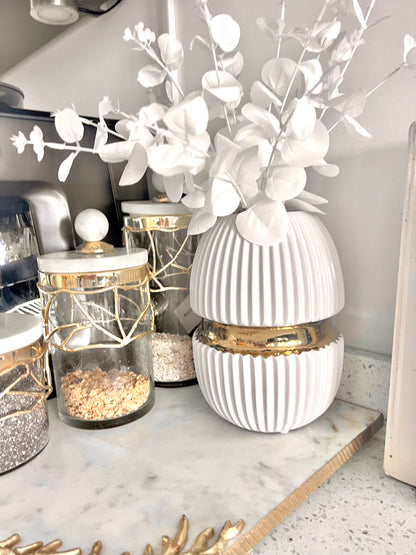 8" Ribbed White Ceramic Vase Gold Center Design