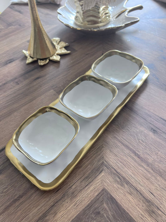 Relish Dish with 3 Square Bowls with Gold Trim
