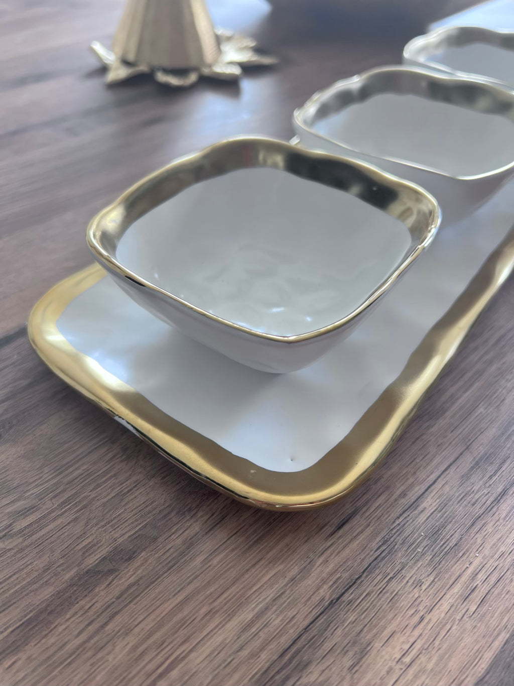 Gold trim square relish dish set | Elegant dining accessories UK