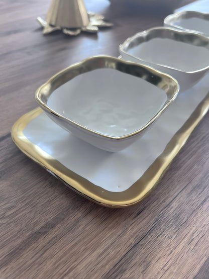 Relish Dish with 3 Square Bowls with Gold Trim