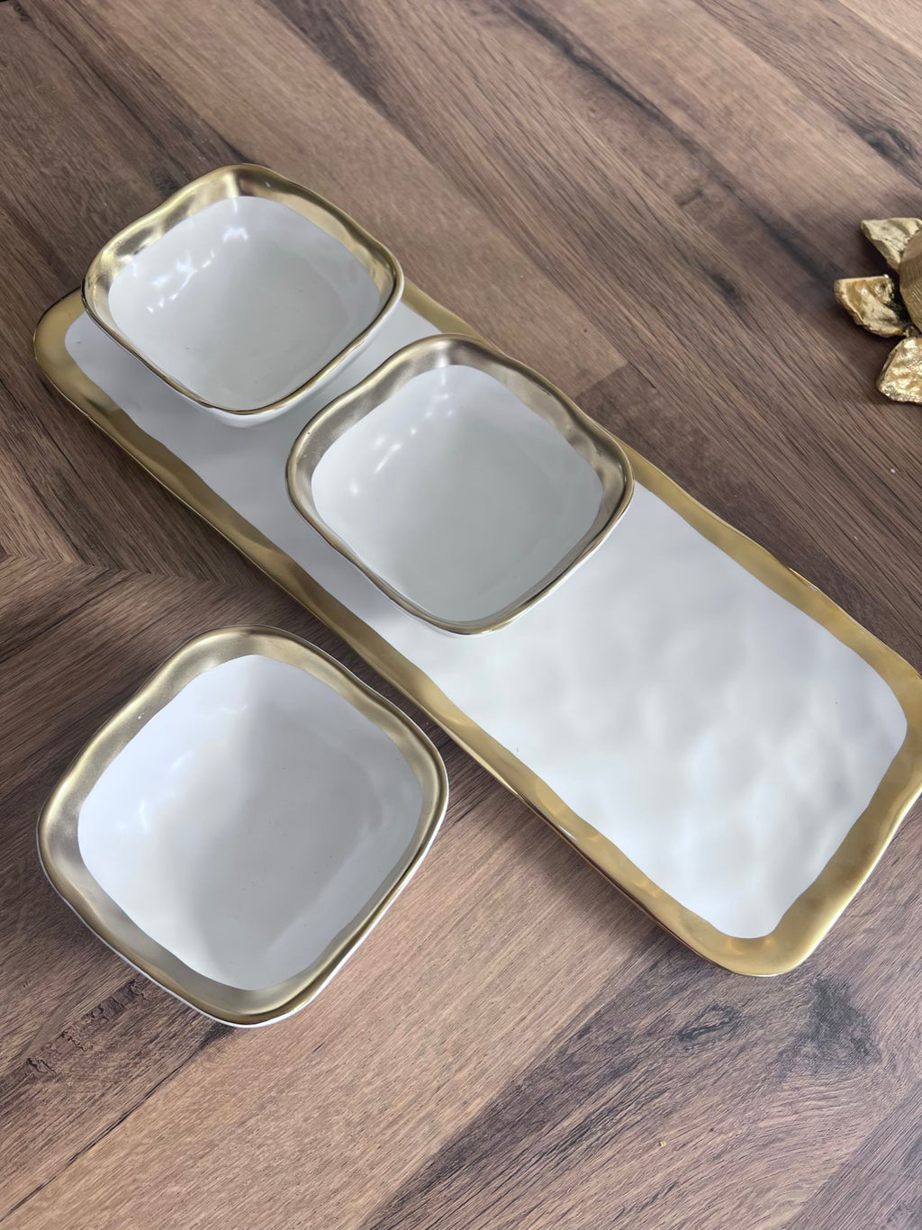 White porcelain three bowl serving dish gold trim | Luxury tableware UK