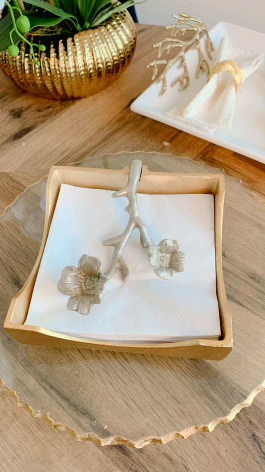 Gold Square Napkin Holder With Silver Leaf Design