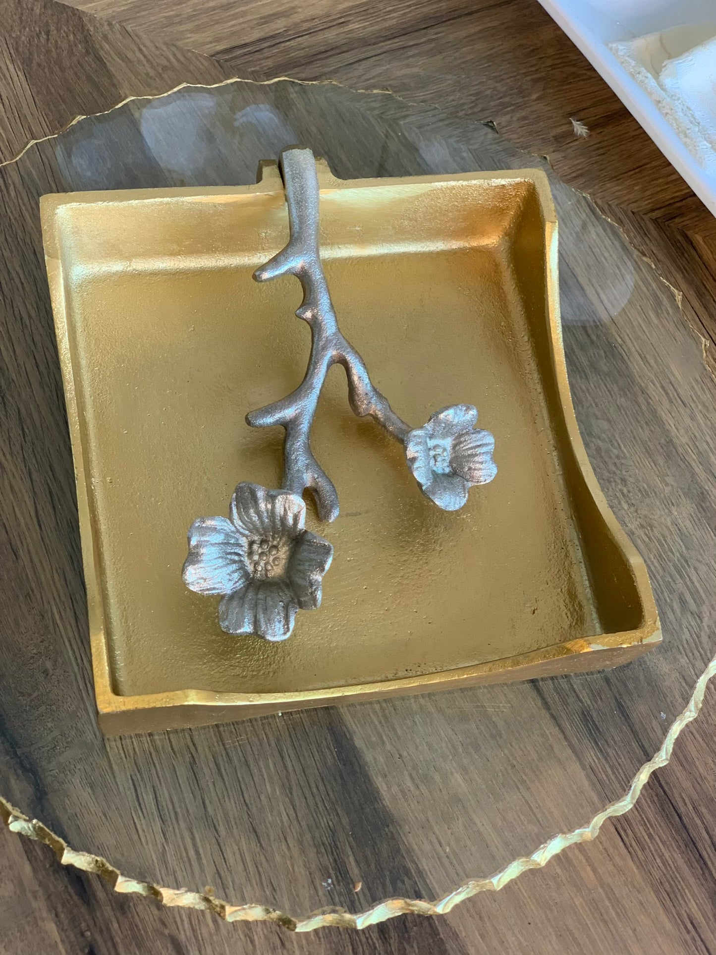 Gold Square Napkin Holder With Silver Leaf Design